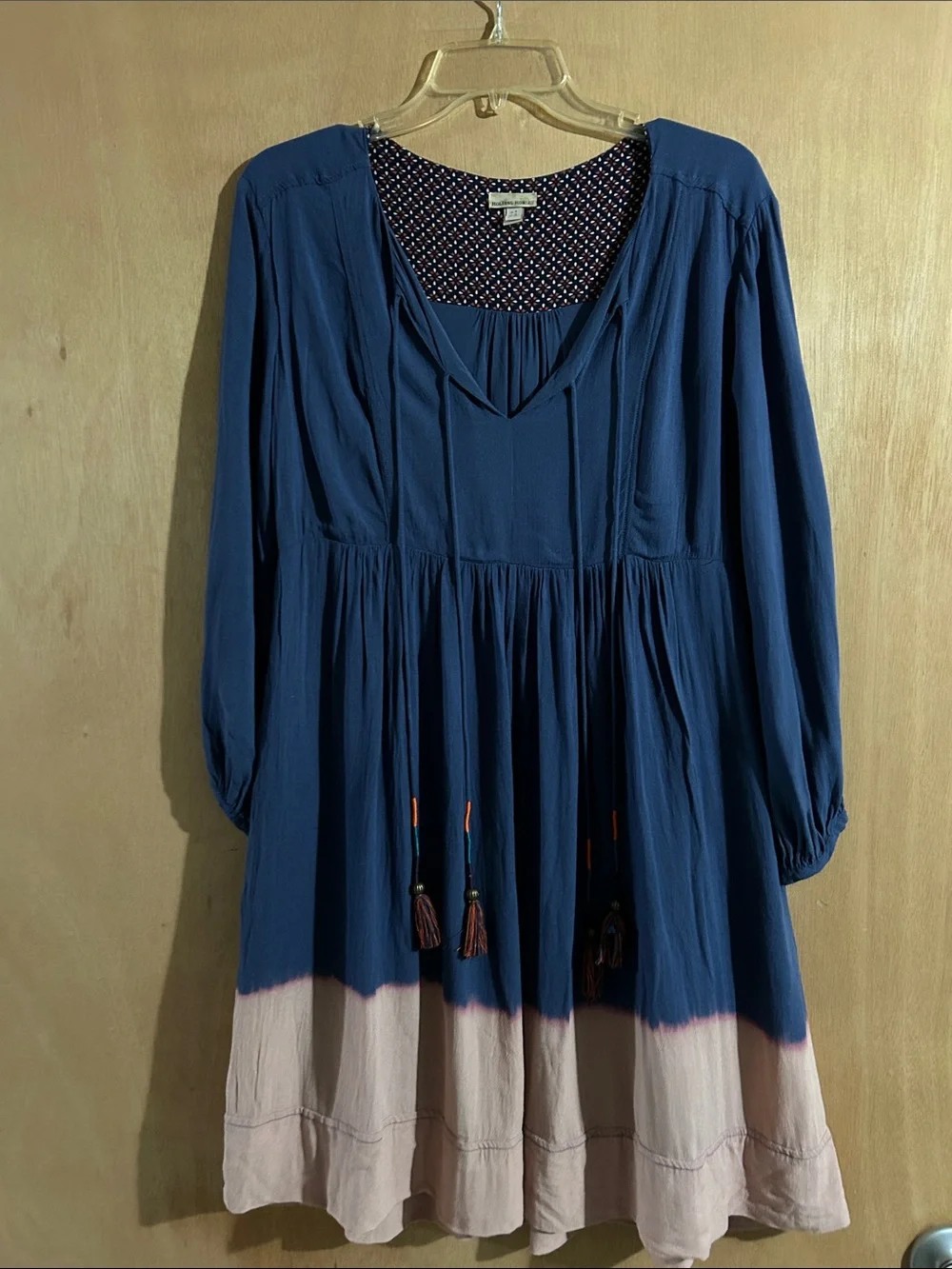 Holding Horses Blue Boho Tassel Tunic Dress with Pale Pink Dip Dye Hem